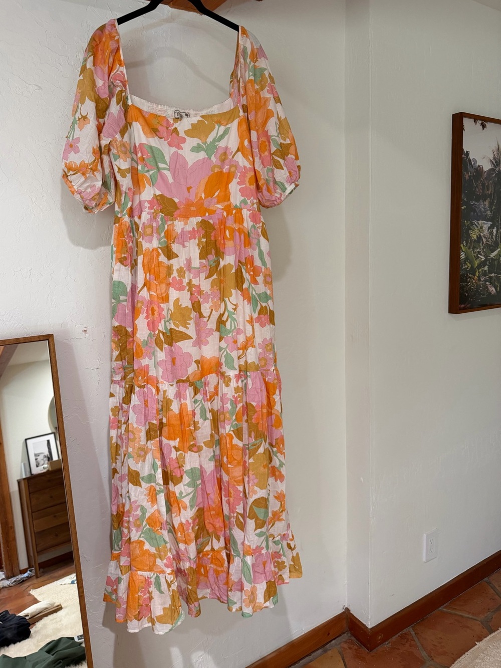 Mille - Floral Puff-Sleeve Maxi Dress in Pink & Orange XL